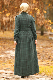 Nayla Collection - Düğmeli Kemerli Yeşil Tesettür Elbise 1593Y - Thumbnail
