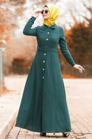 Nayla Collection - Düğmeli Kemerli Yeşil Tesettür Elbise 8409Y - Thumbnail