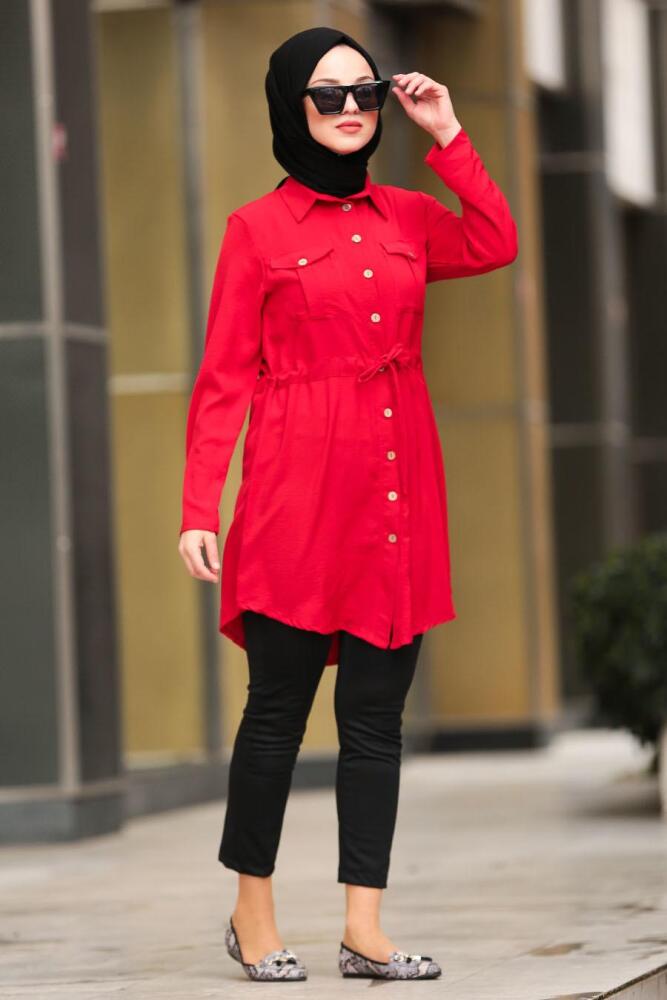Nayla Collection - Düğmeli Kırmızı Tesettür Tunik 4015K - 1