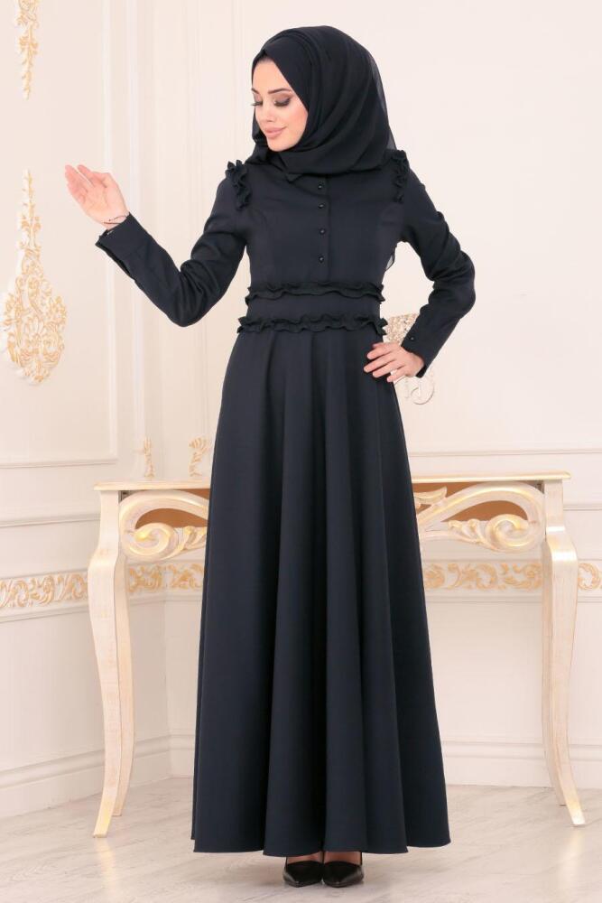 Nayla Collection - Düğmeli Lacivert Tesettür Elbise 1256L - 1