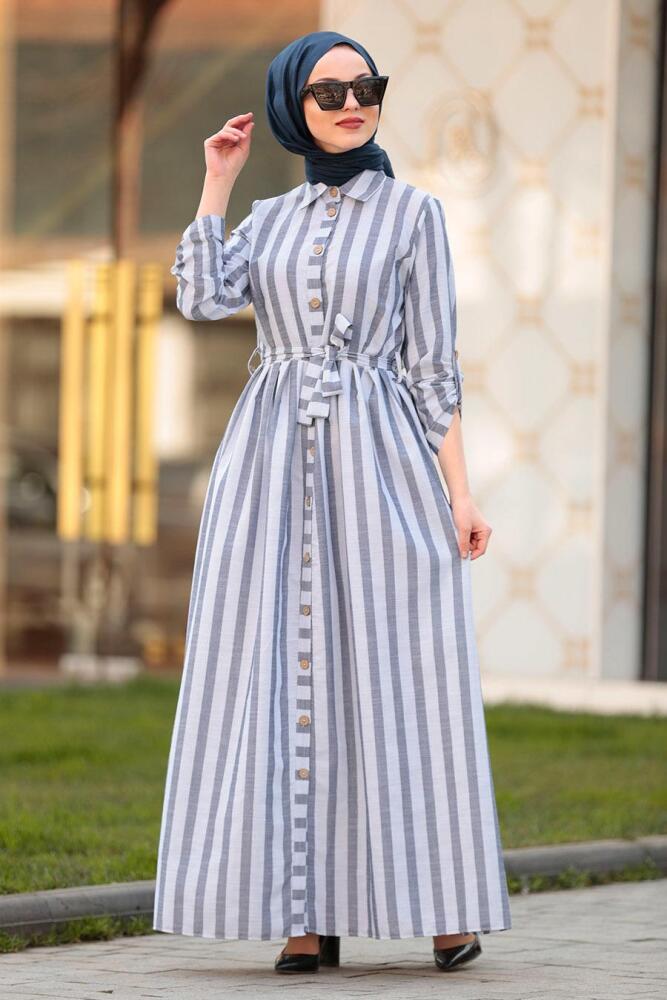 Nayla Collection - Düğmeli Lacivert Tesettür Elbise 162460L - 1