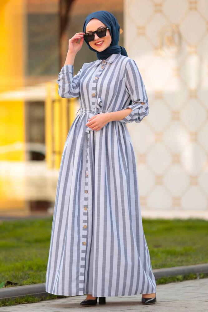 Nayla Collection - Düğmeli Lacivert Tesettür Elbise 162460L - 2