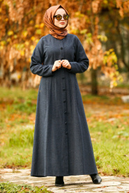 Nayla Collection - Düğmeli Lacivert Tesettür Kaşe Elbise 2488L - Thumbnail