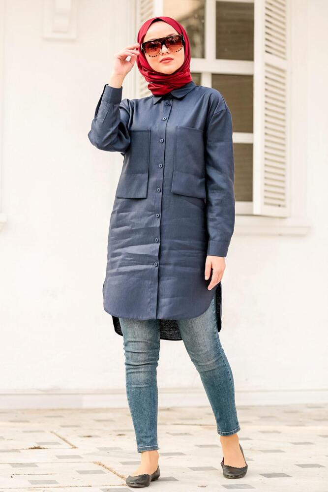 Nayla Collection - Düğmeli Lacivert Tesettür Tunik 5437L - 1