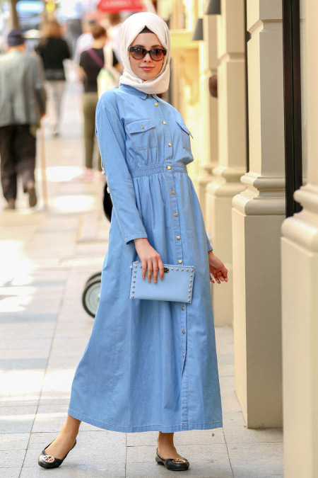 Nayla Collection - Düğmeli Mavi Kot Tesettür Elbise 42340M