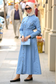 Nayla Collection - Düğmeli Mavi Kot Tesettür Elbise 42340M - Thumbnail