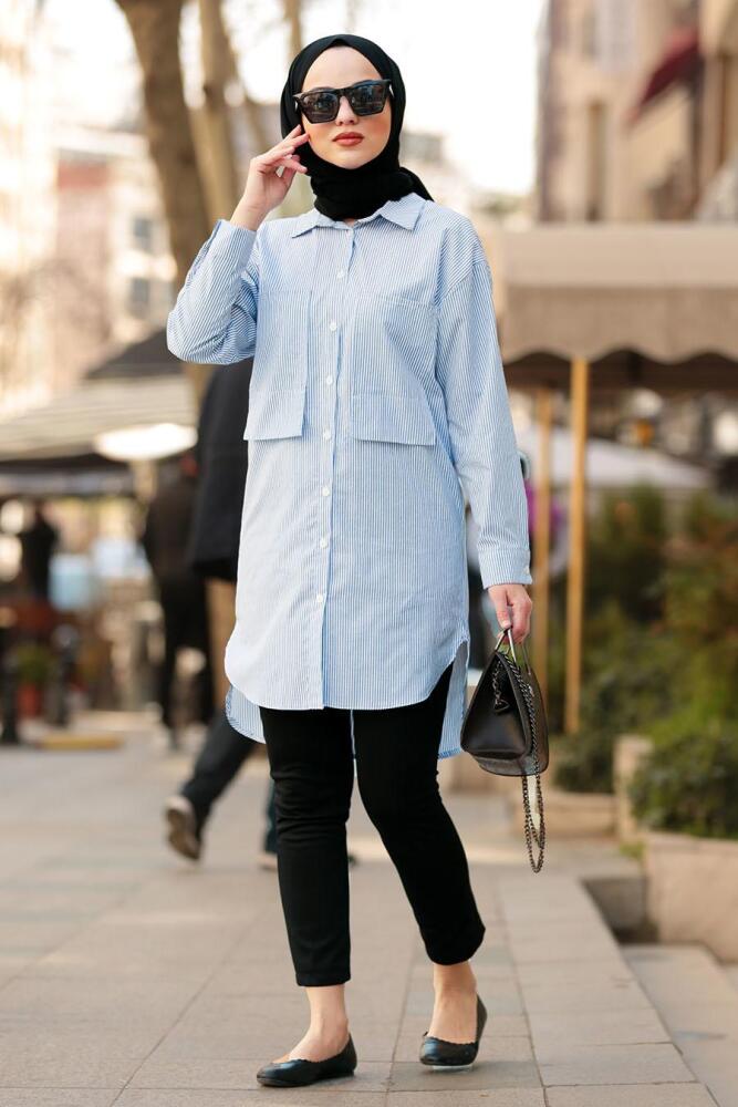 Nayla Collection - Düğmeli Mavi Tesettür Tunik 5438M - 1