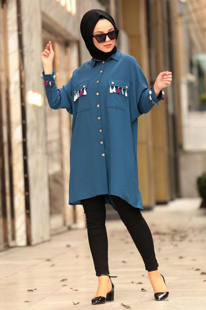 Nayla Collection - Düğmeli Petrol Mavisi Tesettür Tunik 40290PM - 1