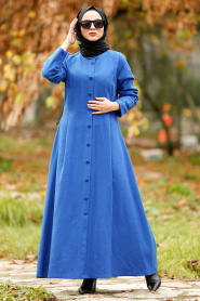 Nayla Collection - Düğmeli Sax Mavisi Tesettür Kaşe Elbise 2488SX - Thumbnail