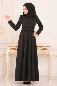 Nayla Collection - Düğmeli Siyah Tesettür Elbise 1256S - Thumbnail