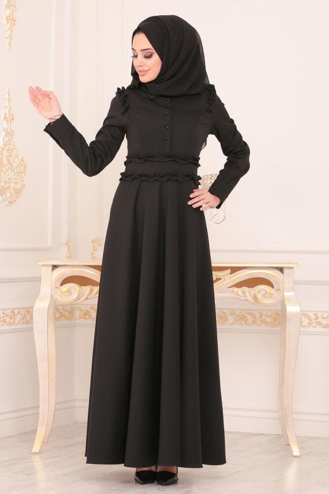 Nayla Collection - Düğmeli Siyah Tesettür Elbise 1256S - 1