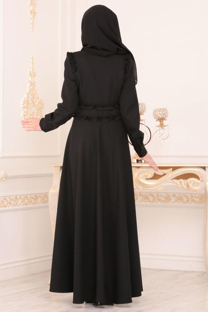 Nayla Collection - Düğmeli Siyah Tesettür Elbise 1256S - 2