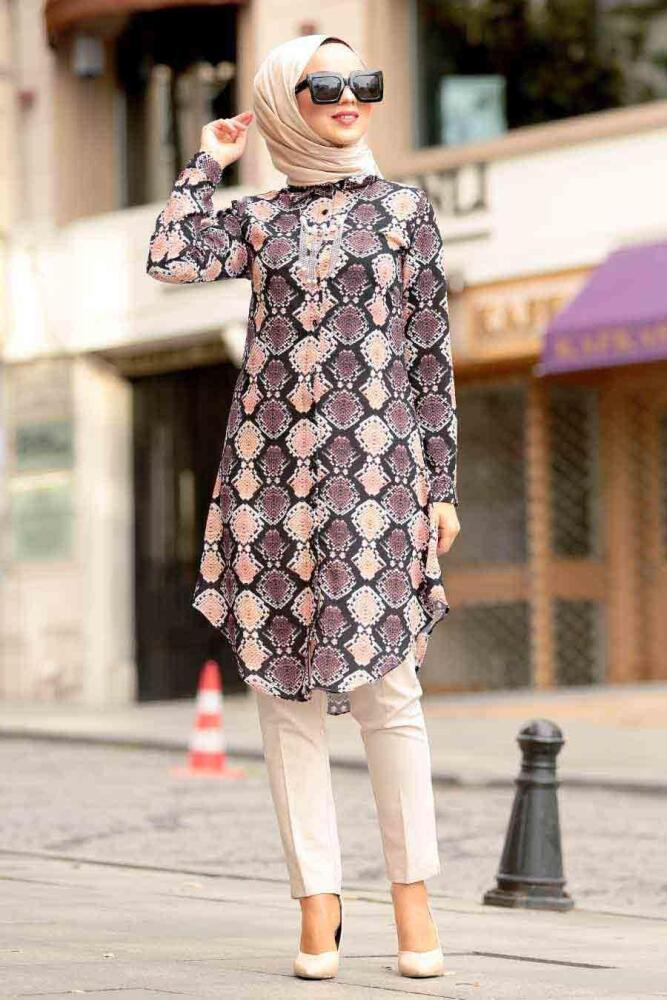 Nayla Collection - Düğmeli Siyah Tesettür Tunik 33552S - 1