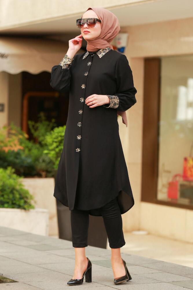 Nayla Collection - Düğmeli Siyah Tesettür Tunik 4049S - 1