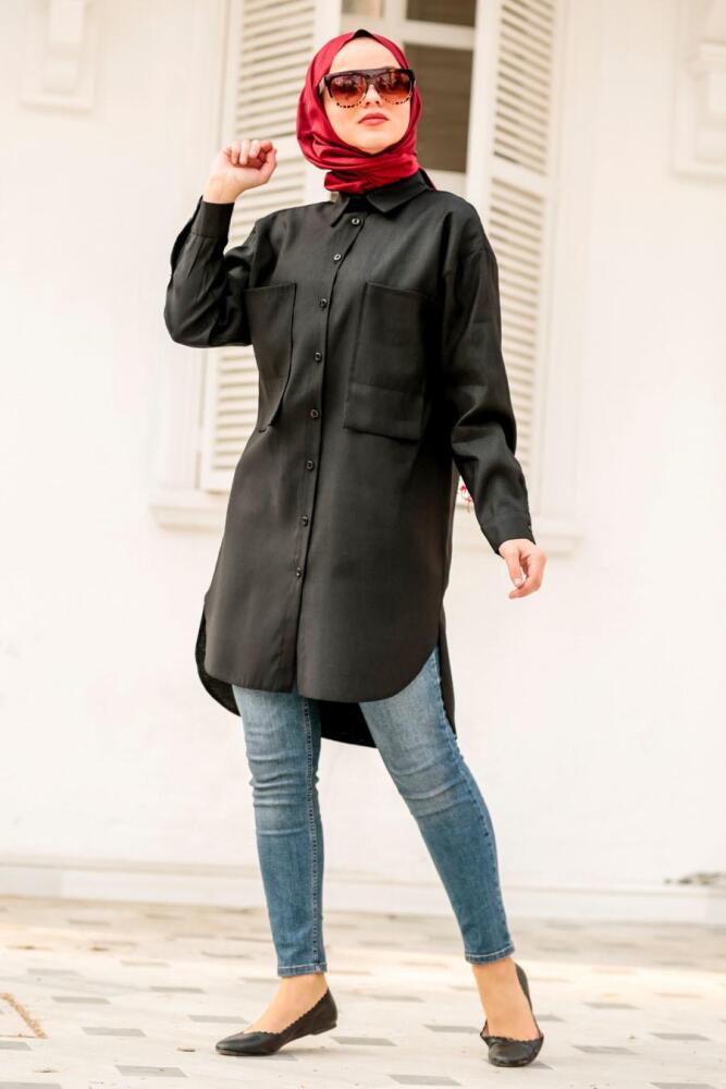 Nayla Collection - Düğmeli Siyah Tesettür Tunik 5437S - 1