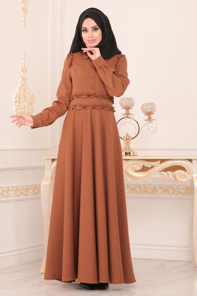Nayla Collection - Düğmeli Taba Tesettür Elbise 1256TB - 1