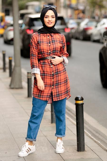 Nayla Collection - Ekoseli Taba Tesettür Tunik 18237TB - 1
