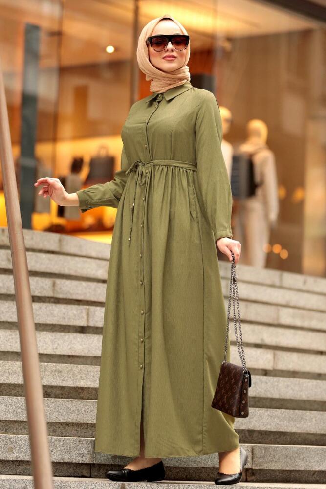 Nayla Collection - Düğmeli Yeşil Tesettür Elbise 3163Y - 1