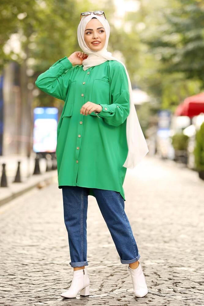 Nayla Collection - Düğmeli Yeşil Tesettür Tunik 2232Y - 1