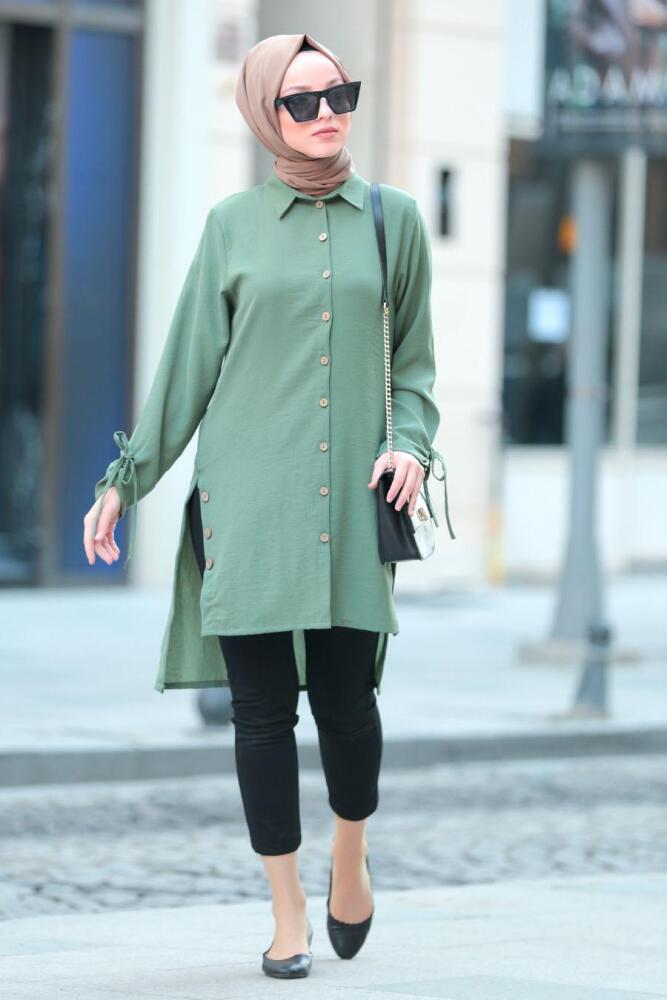 Nayla Collection - Düğmeli Yırtmaçlı Haki Tesettür Tunik 40190HK - 1