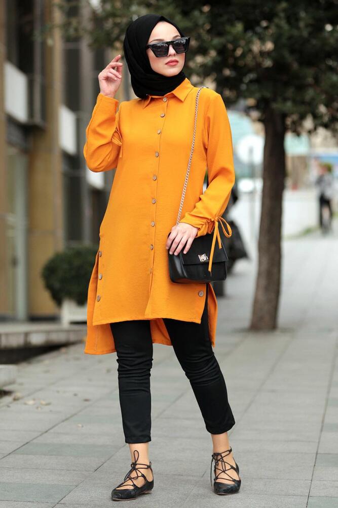 Nayla Collection - Düğmeli Yırtmaçlı Hardal Tesettür Tunik 40190HR - 1