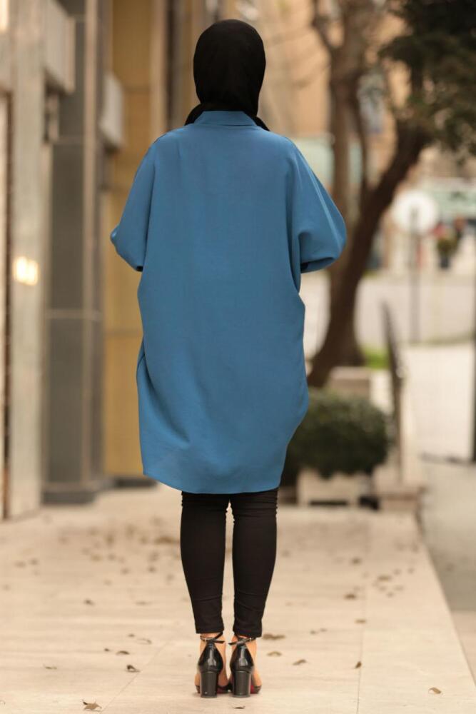 Nayla Collection - Düğmeli Yırtmaçlı Petrol Mavisi Tesettür Tunik 40190PM - 2