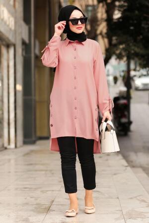 Nayla Collection - Düğmeli Yırtmaçlı Pudra Tesettür Tunik 40190PD - 1