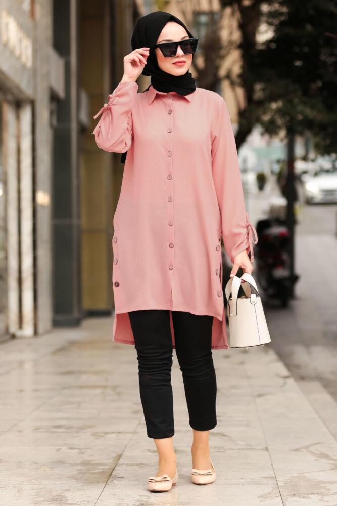 Nayla Collection - Düğmeli Yırtmaçlı Pudra Tesettür Tunik 40190PD - 1