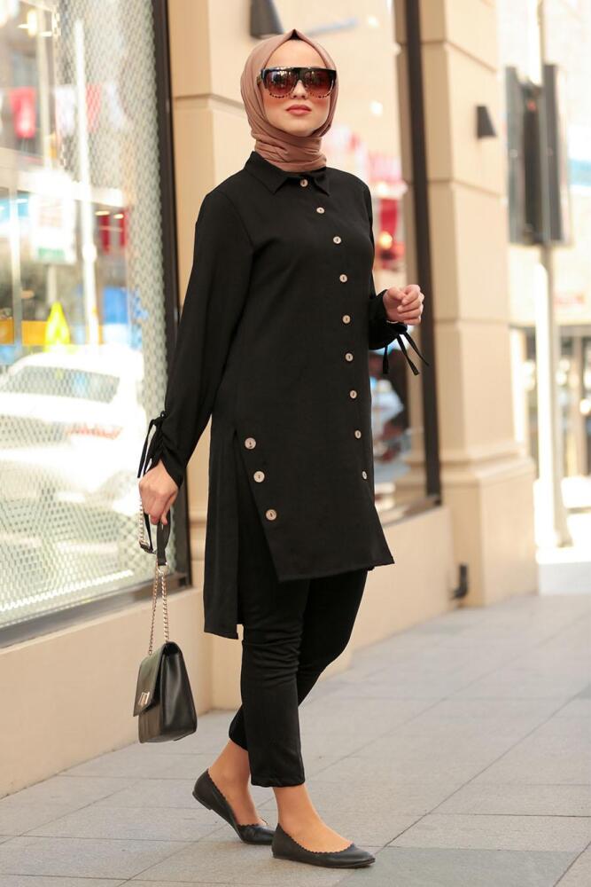Nayla Collection - Düğmeli Yırtmaçlı Siyah Tesettür Tunik 40190S - 1