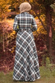 Nayla Collection - Ekoseli Düğmeli Kahverengi Tesettür Elbise 83430KH - Thumbnail