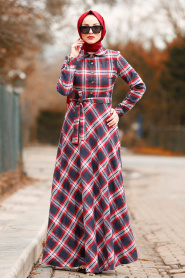 Nayla Collection - Ekoseli Düğmeli Kırmızı Tesettür Elbise 8343K - Thumbnail