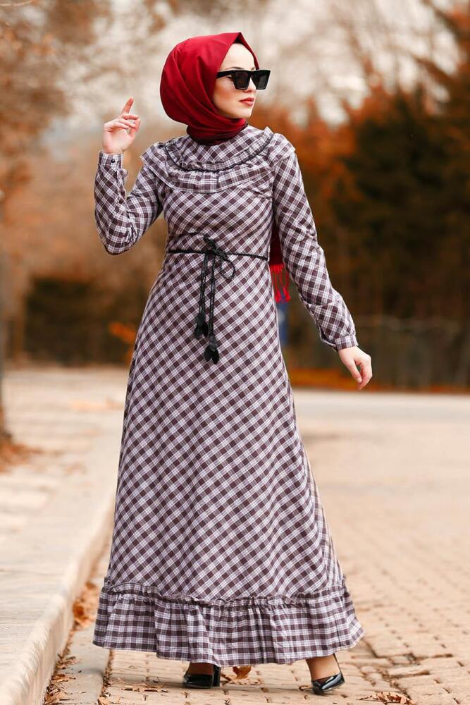 Nayla Collection - Ekoseli Fırfırlı Bordo Tesettür Elbise 83480BR - 1