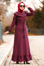 Nayla Collection - Ekoseli Fırfırlı Bordo Tesettür Elbise 8348BR - Thumbnail