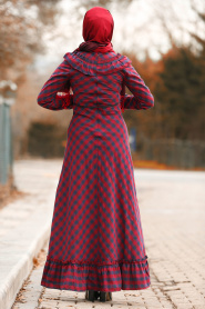 Nayla Collection - Ekoseli Fırfırlı Bordo Tesettür Elbise 8348BR - Thumbnail