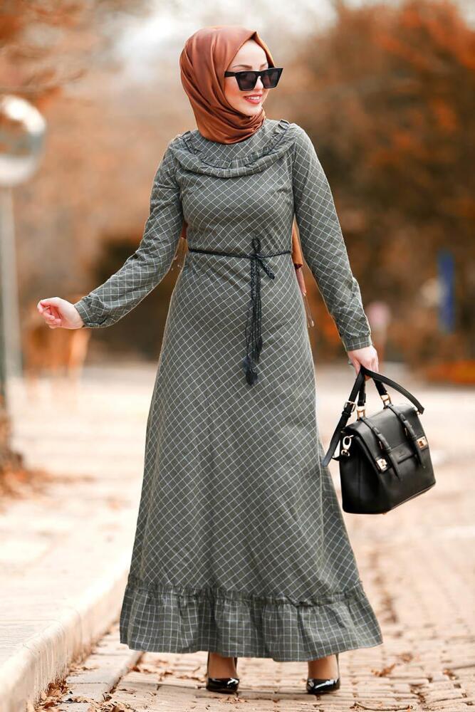 Nayla Collection - Ekoseli Fırfırlı Haki Tesettür Elbise 83481HK - 1