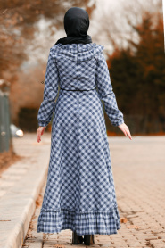 Nayla Collection - Ekoseli Fırfırlı İndigo Mavisi Tesettür Elbise 83480IM - Thumbnail