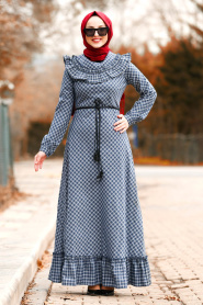 Nayla Collection - Ekoseli Fırfırlı Lacivert Tesettür Elbise 83482L - Thumbnail