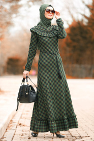 Nayla Collection - Ekoseli Fırfırlı Yeşil Tesettür Elbise 8348Y - Thumbnail