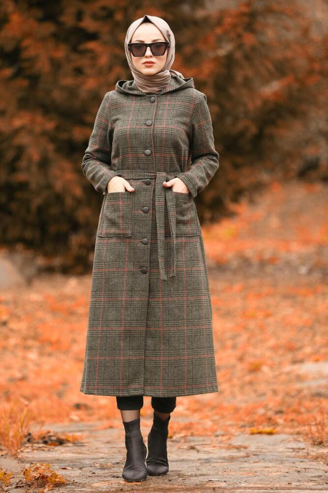 Nayla Collection - Ekoseli Kapşonlu Haki Tesettür Kap 4427HK - 1