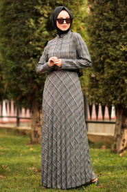 Nayla Collection - Ekoseli Kemerli Gri Tesettür Elbise 8342GR - Thumbnail