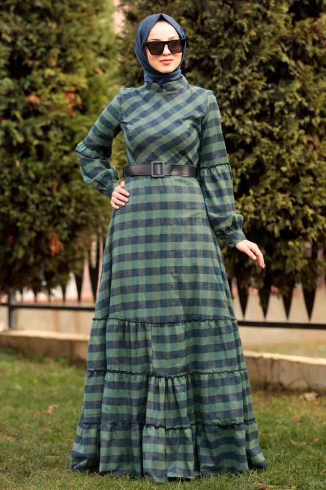 Nayla Collection - Ekoseli Kemerli Haki Tesettür Elbise 8412HK - 1