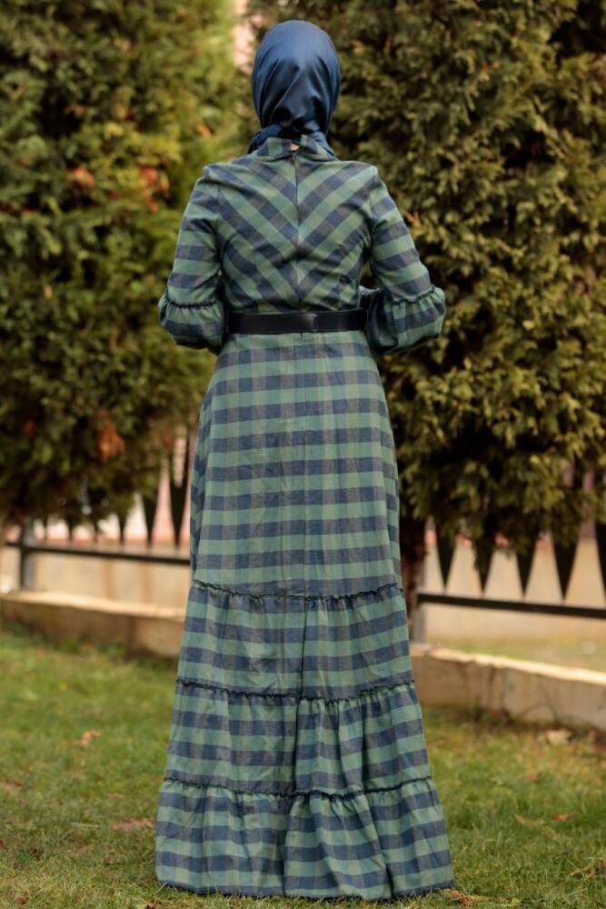 Nayla Collection - Ekoseli Kemerli Haki Tesettür Elbise 8412HK - 2