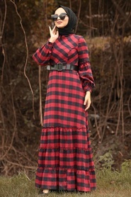 Nayla Collection - Ekoseli Kemerli Kırmızı Tesettür Elbise 84121K - Thumbnail