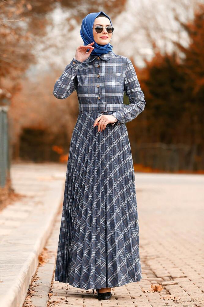 Nayla Collection - Ekoseli Pileli Taba Tesettür Elbise 8374TB - 1