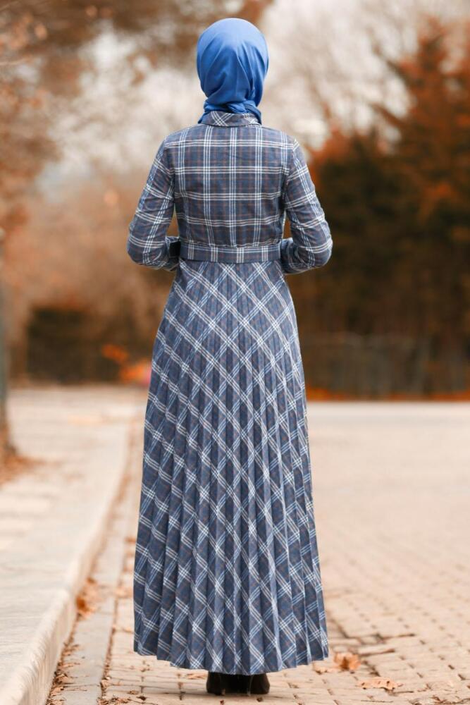 Nayla Collection - Ekoseli Pileli Taba Tesettür Elbise 8374TB - 2