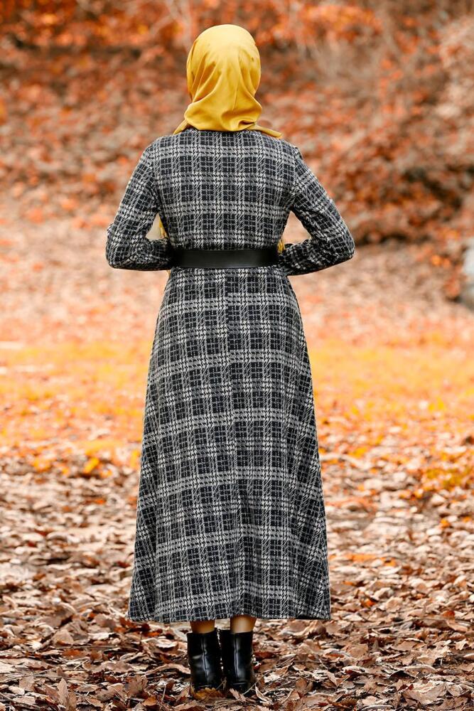Nayla Collection - Ekoseli Siyah Tesettür Elbise 1600S - 3
