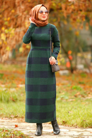 Nayla Collection - Ekoseli Yeşil Tesettür Elbise 2491Y - Thumbnail