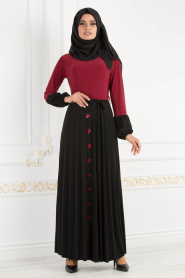 Nayla Collection - Eteği Düğme Detaylı Bordo Tesettür Elbise 18025BR - Thumbnail