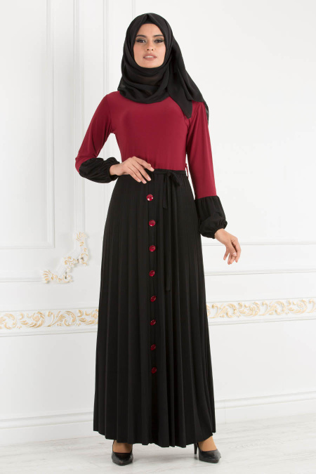 Nayla Collection - Eteği Düğme Detaylı Bordo Tesettür Elbise 18025BR