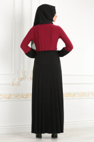 Nayla Collection - Eteği Düğme Detaylı Bordo Tesettür Elbise 18025BR - Thumbnail
